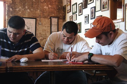 Students studying at Guero's Taco Bar.